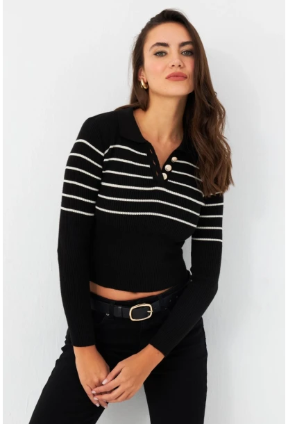 Kadın Siyah Polo Yaka Çizgili Triko Bluz MK65