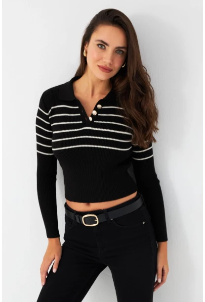 Kadın Siyah Polo Yaka Çizgili Triko Bluz MK65