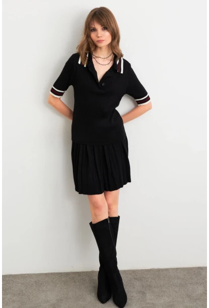 Kadın Siyah Polo Yaka Etekli Takım SF2558