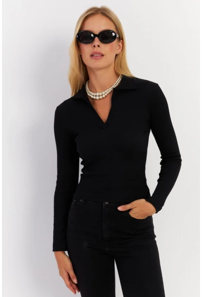 Kadın Siyah Polo Yaka Kaşkorse Bluz LON3006