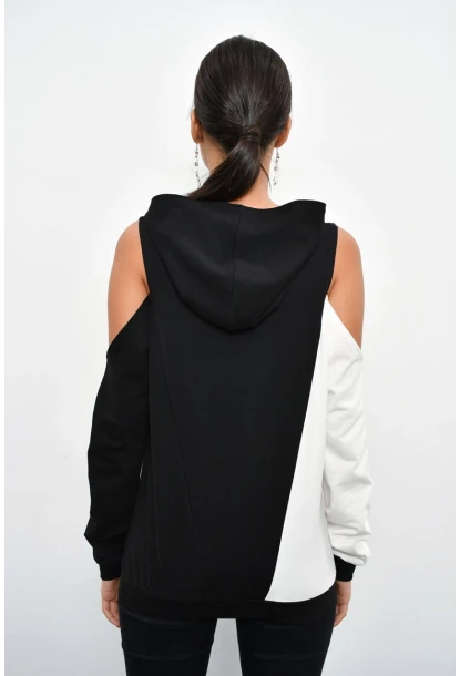 Kadın Siyah Renk Bloklu Omuzları Açık Sweatshirt B23