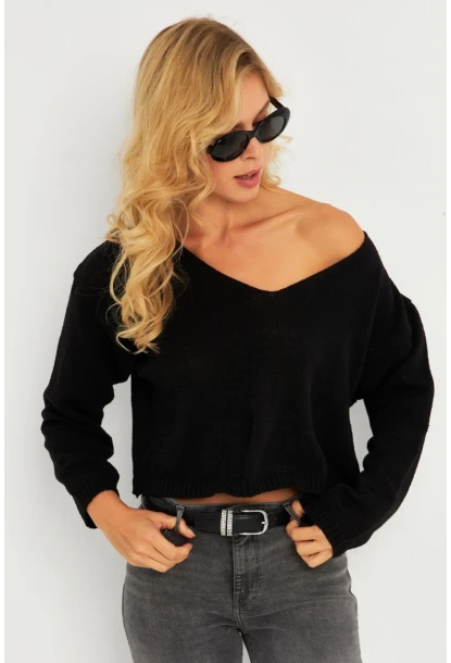 Kadın Siyah Salaş Kısa Triko Bluz YV281