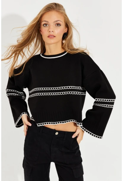 Kadın Siyah Salaş Triko Kısa Kazak YZ518