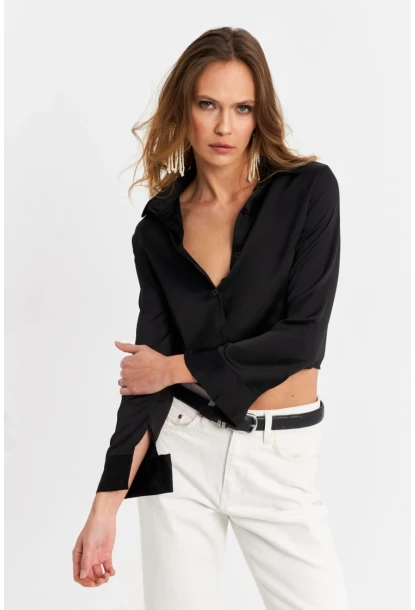 Kadın Siyah Saten Crop Gömlek ELT8052