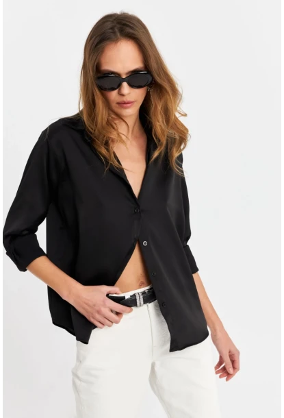 Kadın Siyah Saten Gömlek ELT8051