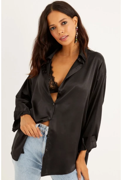 Kadın Siyah Saten Gömlek SF1285