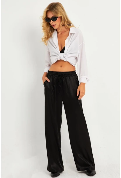 Kadın Siyah Saten Palazzo Pantolon DMR356
