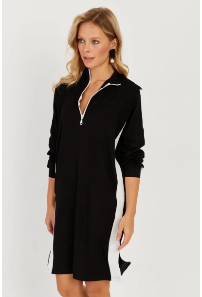 Kadın Siyah Şeritli Fermuarlı Midi Elbise ST5024