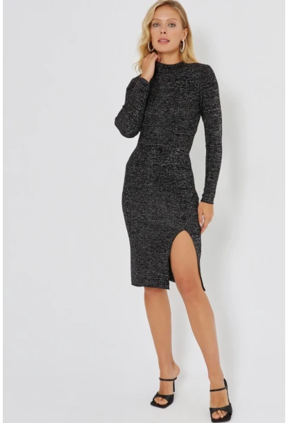 Kadın Siyah Simli Triko Midi Elbise SF2526