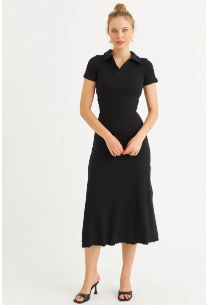 Kadın Siyah Sırt Bağlamalı Kaşkorse Midi Elbise MFRY0001