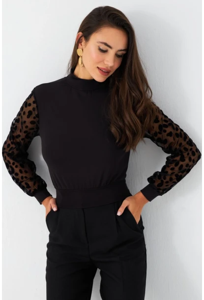 Kadın Siyah Sırt Bağlamalı Kolları Tül Bluz TF41