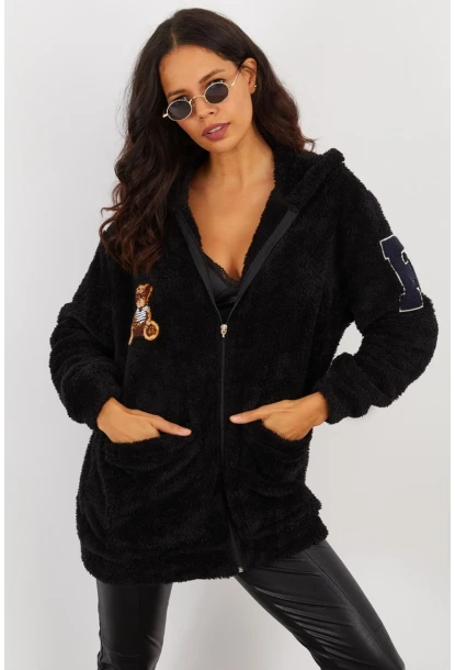 Kadın Siyah Sırt Baskılı Kapüşonlu Peluş Mont BK231123