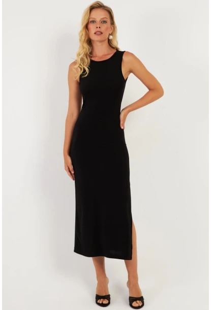 Kadın Siyah Sırt Dekolteli Midi Elbise DMR692