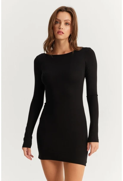 Kadın Siyah Sırt Dekolteli Mini Elbise HOR36