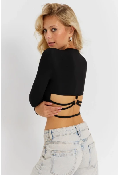 Kadın Siyah Sırt Detaylı Crop Bluz CG365