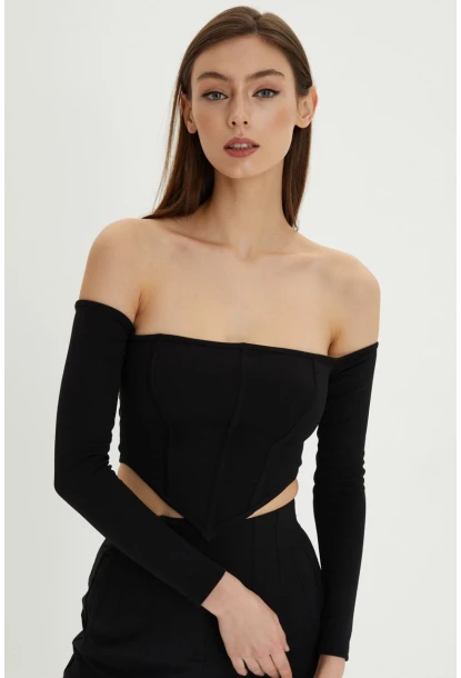 Kadın Siyah Sırt Fermuarlı Crop Bluz B518