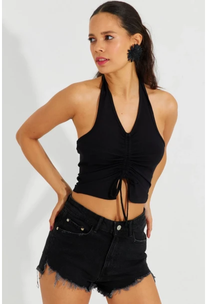 Kadın Siyah Sırtı Açık Crop Bluz B2697