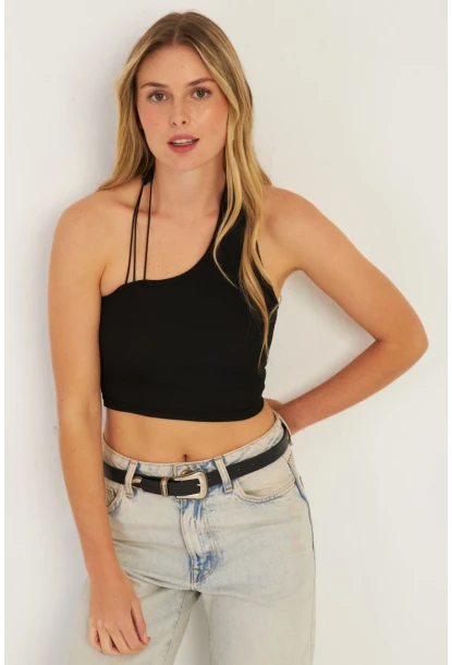 Kadın Siyah Sırtı Açık Crop Bluz CG345