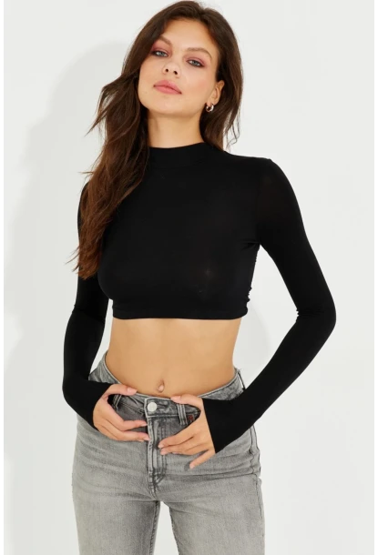 Kadın Siyah Sırtı Açık Crop Bluz LPP1232