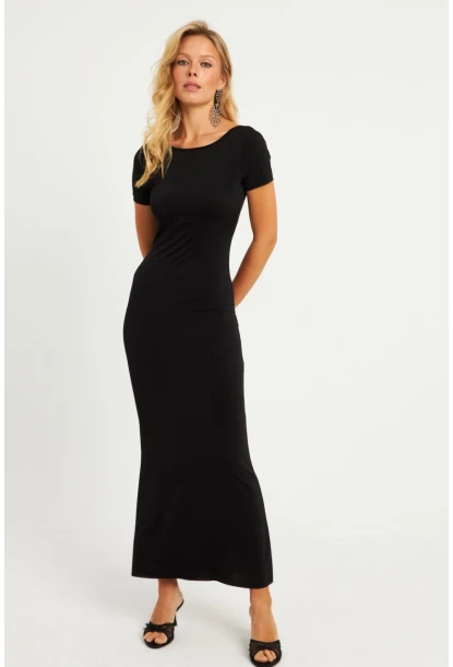 Kadın Siyah Sırtı Açık Maxi Elbise DMR306