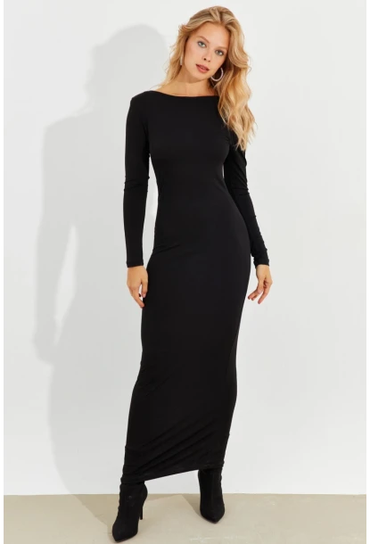 Kadın Siyah Sırtı Açık Maxi Elbise MEN2013