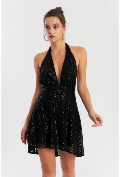 Kadın Siyah Sırtı Açık Payetli Astarlı Mini Elbise Dcf046