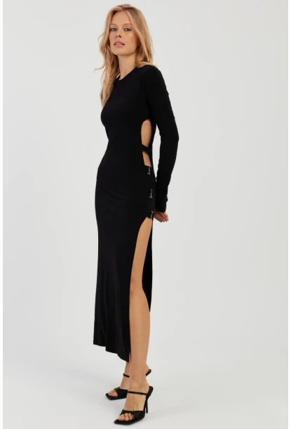 Kadın Siyah Sırtı Açık Yırtmaçlı Maxi Elbise YEL87