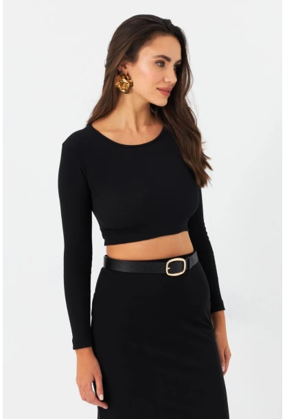 Kadın Siyah Sırtı Çapraz Kaşkorse Crop Bluz EY2975