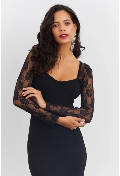 Kadın Siyah Sırtı Dantel Midi Elbise EY2485