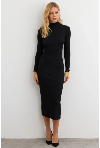 Kadın Siyah Sırtı Dekolteli Boğazlı Midi Elbise EY3012