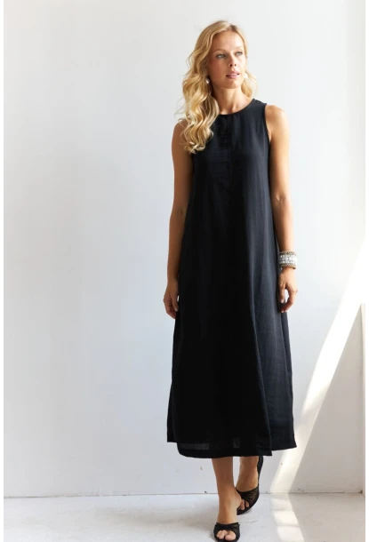 Kadın Siyah Sırtı Düğmeli Midi Keten Elbise DMR353