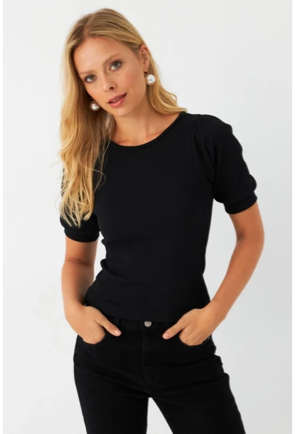 Kadın Siyah Sırtı Fiyonklu Kaşkorse Bluz EY2996