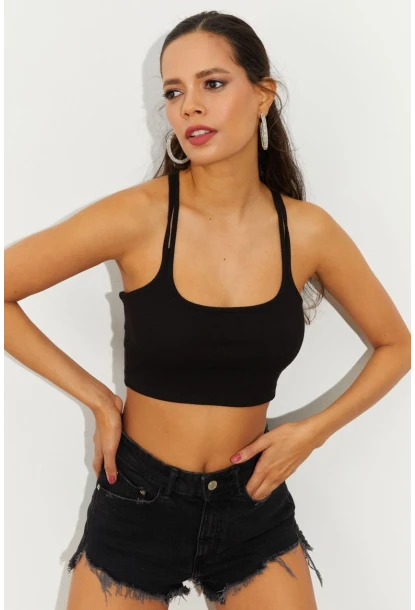 Kadın Siyah Sırtı Halkalı Kaşkorse Crop Bluz B2552
