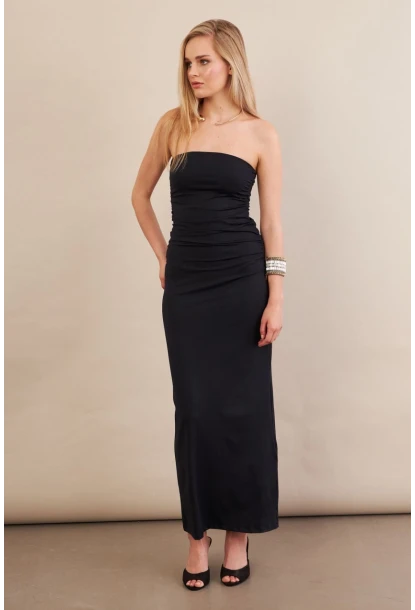 Kadın Siyah Straplez Büzgülü Midi Elbise MX2005