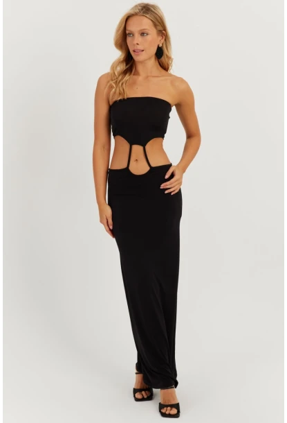 Kadın Siyah Straplez Midi Elbise MEN2037