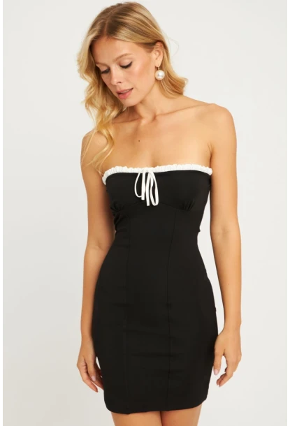 Kadın Siyah Straplez Mini Elbise MON136