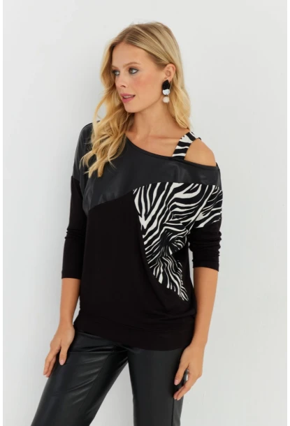 Kadın Siyah Suni Deri Bloklu Bluz ST828