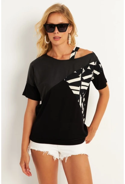 Kadın Siyah Suni Deri Bloklu Bluz ST837