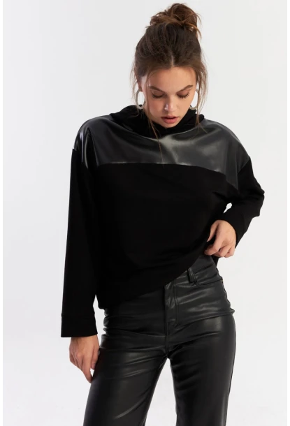 Kadın Siyah Suni Deri Bloklu Kapüşonlu Sweatshirt ST838