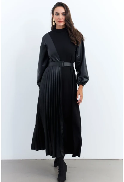 Kadın Siyah Suni Deri Bloklu Pilili Maxi Elbise MALZ100