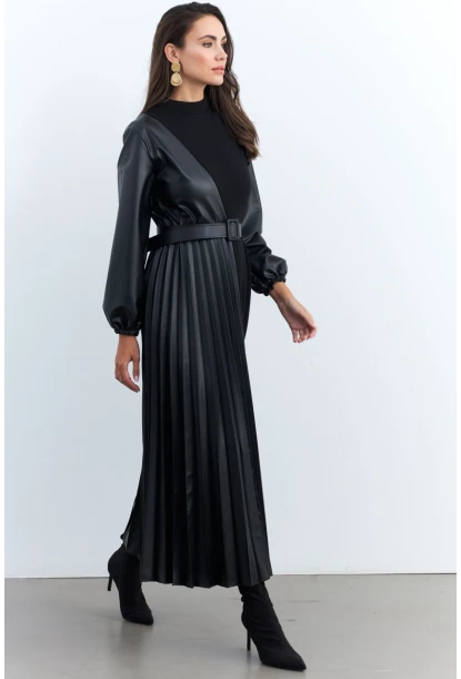 Kadın Siyah Suni Deri Bloklu Pilili Maxi Elbise MALZ100