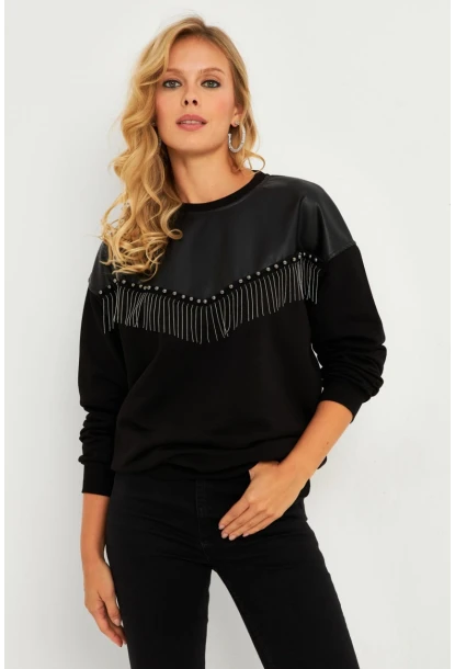 Kadın Siyah Suni Deri Bloklu Sweatshirt PKA808