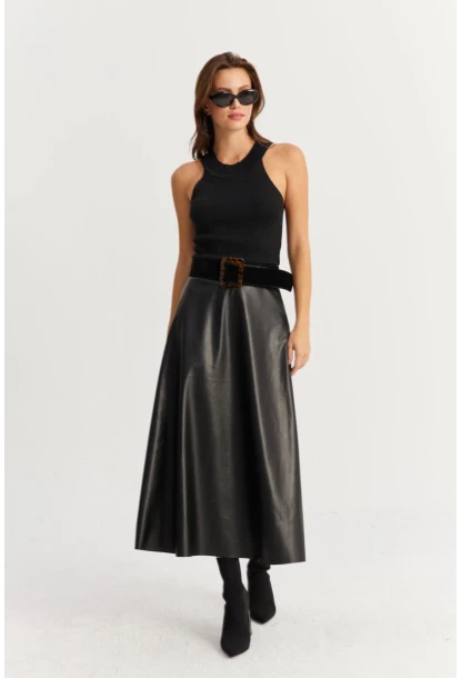 Kadın Siyah Suni Deri Çan Etek ELA113