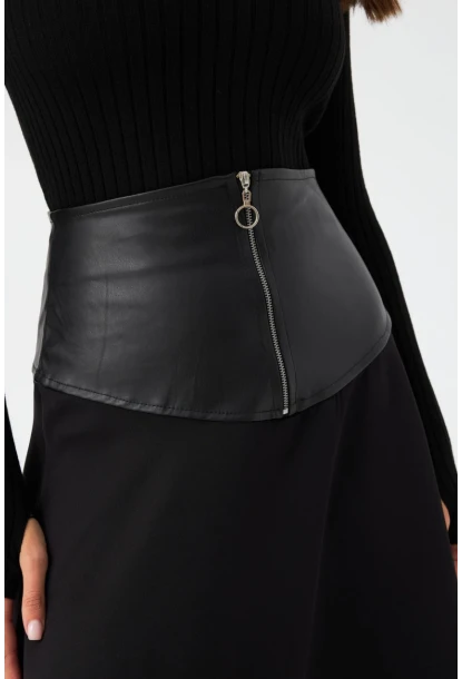 Kadın Siyah Suni Deri Detaylı Çan Etek MNH500