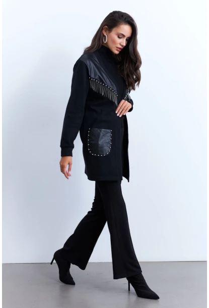 Kadın Siyah Suni Deri Detaylı Zımbalı Hırka MPK809