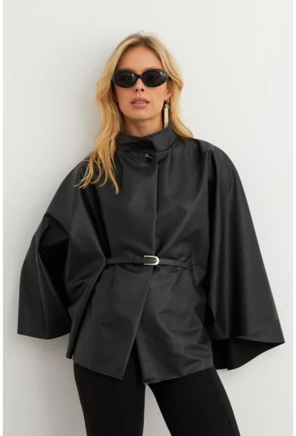 Kadın Siyah Suni Deri Kemerli Panço ELA3084-90