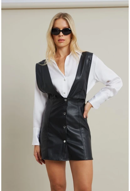 Kadın Siyah Suni Deri Mini Elbise NH796