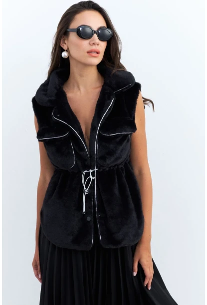Kadın Siyah Suni Kürk Cepli Yelek MK66