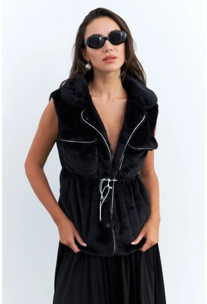 Kadın Siyah Suni Kürk Cepli Yelek MK66