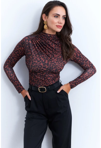 Kadın Siyah-Taba Desenli Büzgülü Bluz LPP1279